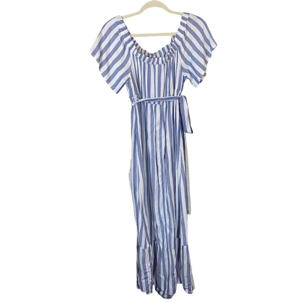 Isabel Maternity Blue/White Off-the-Shoulder Boho Maxi Dress, Size Small - Picture 2 of 6